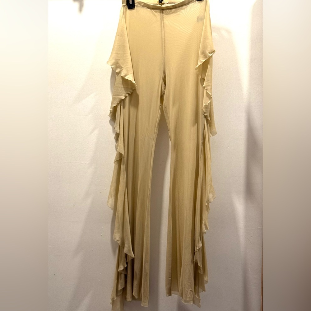 Boho EUC shear Elegant Cream Ruffle Pants flair festival/swim flair pants